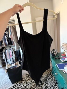 American Eagle Outfitters Black Ribbed Square-Neck Bodysuit